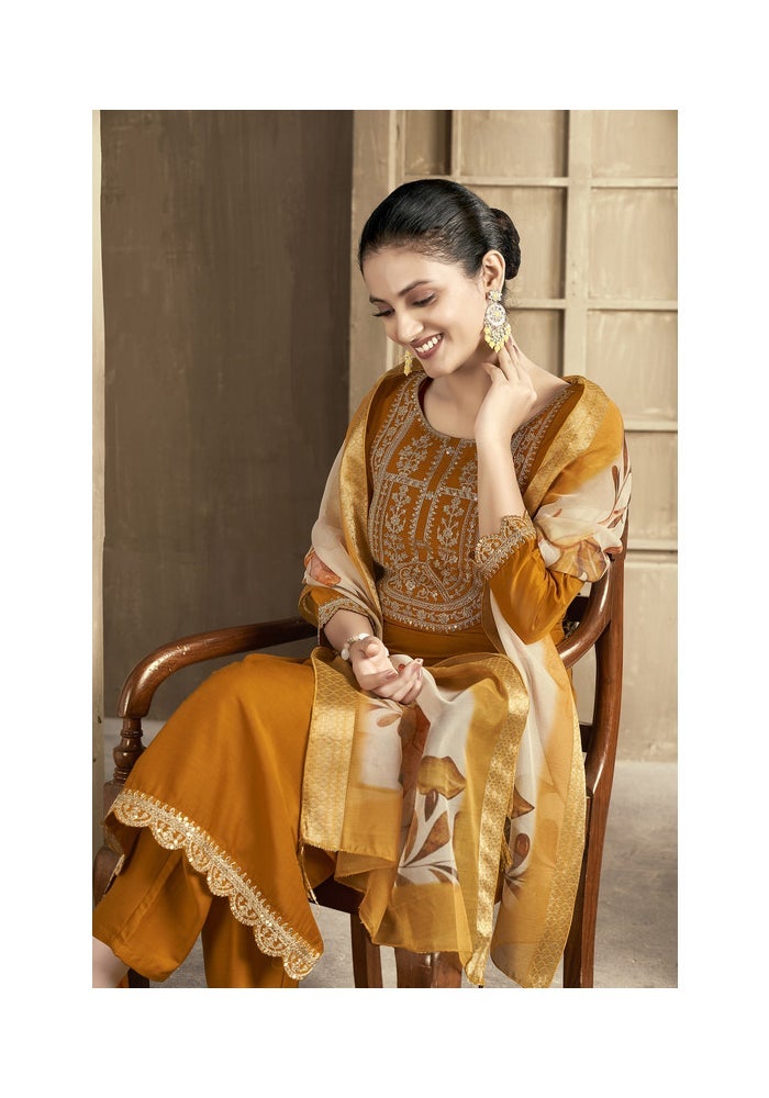 Malishka Export Embroidered Mustard Kurta Pant Set for Women - Image 3